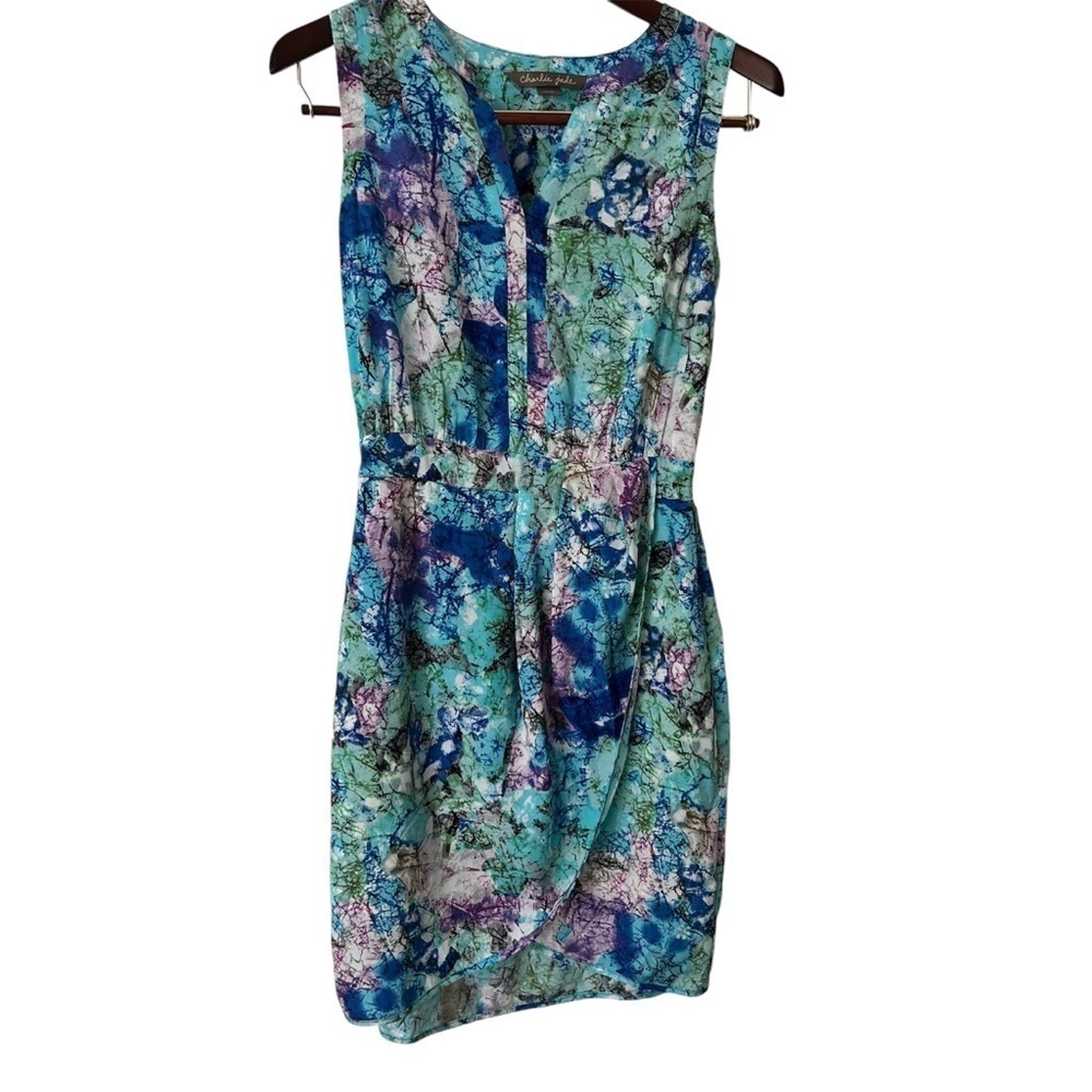Charlie Jade Sleeveless Jewel Tone Tulip Skirt Lightweight Crepe Mini Dress S